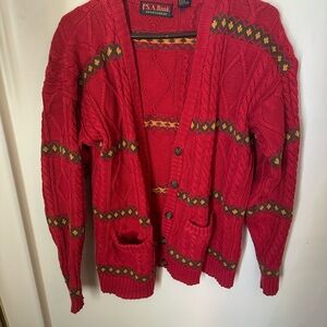 Jos. A. Bank Red Cable Knit Cardigan Sweater with Green & Yellow Accents